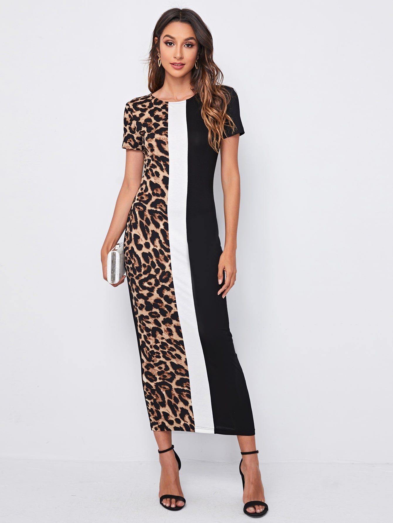 Leopard Panel Colorblock Fitted Dress