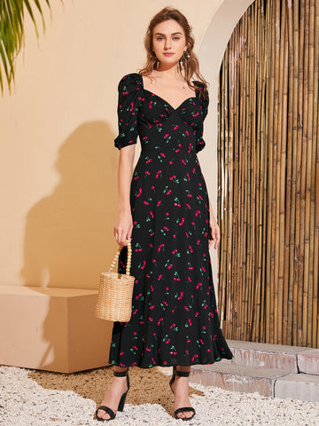 Puff Sleeve Allover Cherry Print Dress