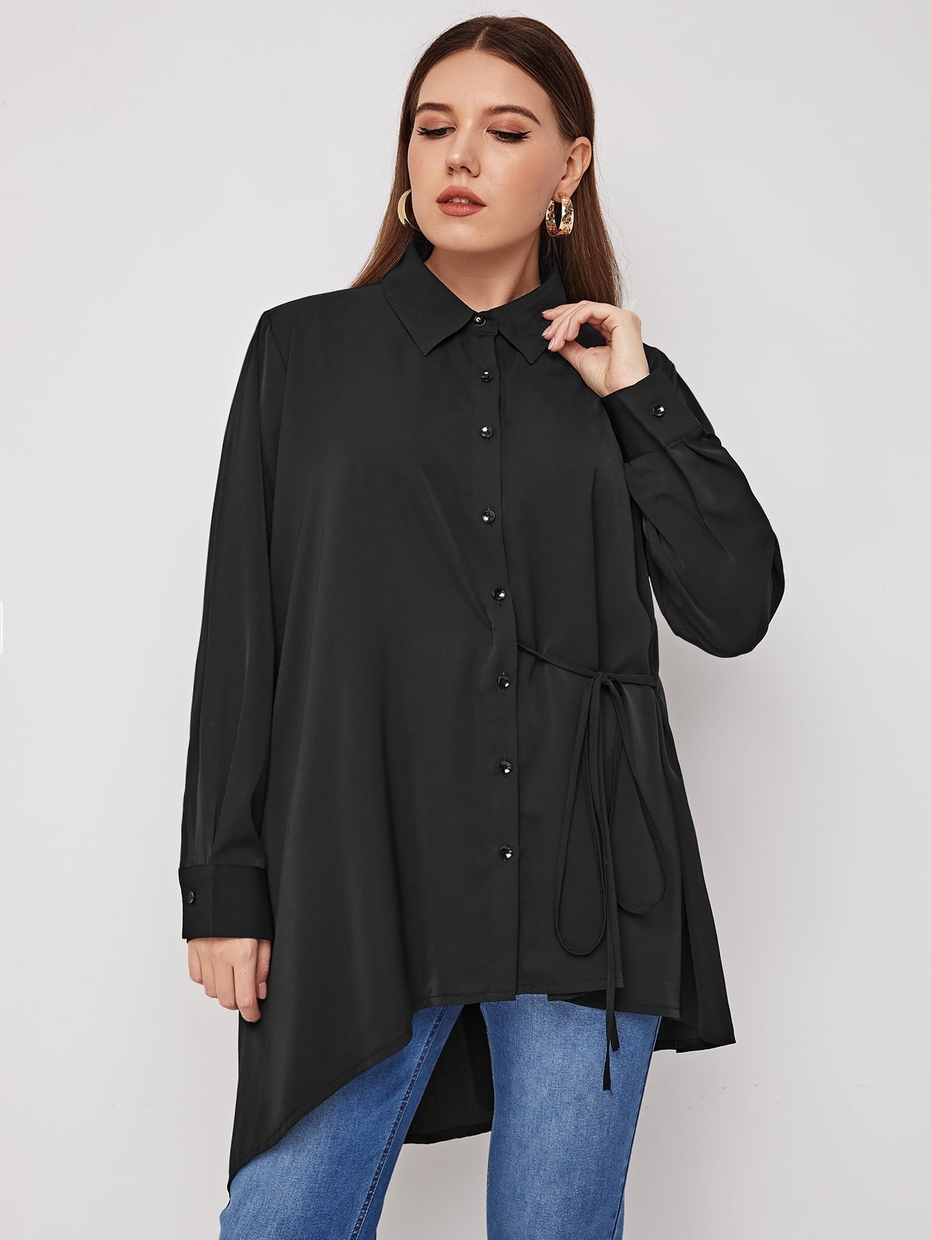 Plus Solid Knot Side Longline Blouse