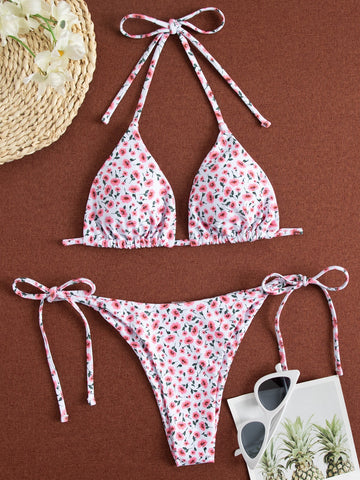 Summer Beach Ditsy Floral Triangle Tie Side Bikini Swimsuit