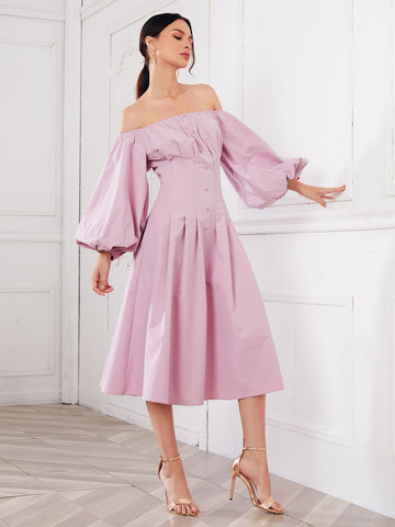 Off Shoulder Lantern Sleeve Fold Pleated Dress