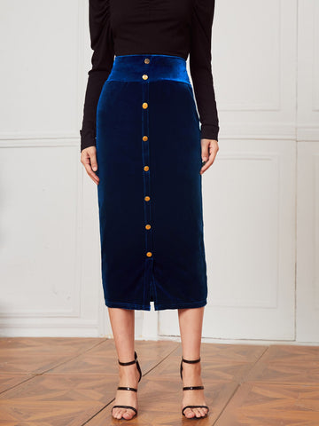 Wide Waistband Button Up Velvet Skirt