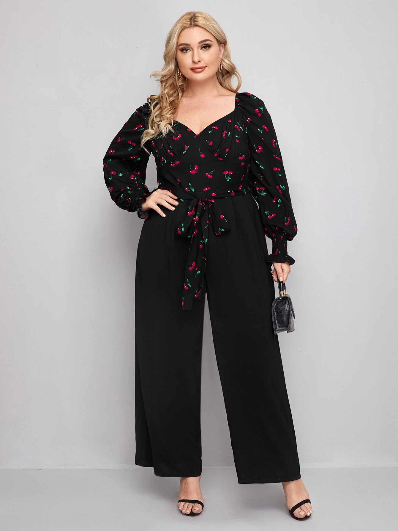 Plus Sweetheart Neck Ruched Bust Wide Leg Cherry Print Jumpsuit