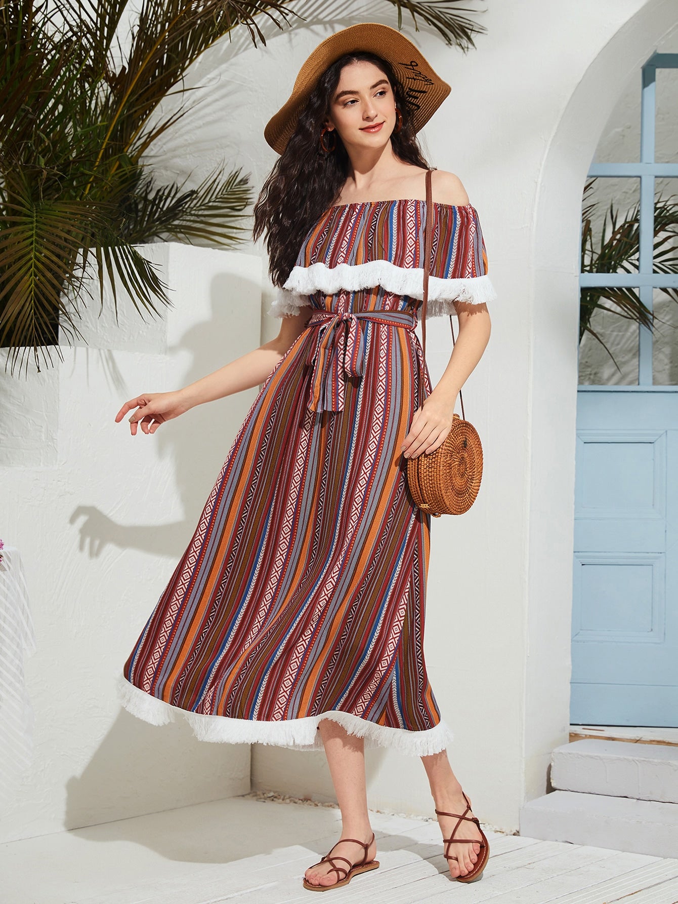 Geo Print Fringe Trim Ruffle Belted Bardot Dress