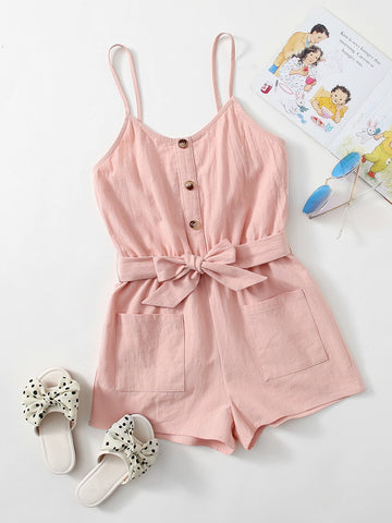 Tween Girl Buttoned Front Self Belted Pocket Patched Slip Romper