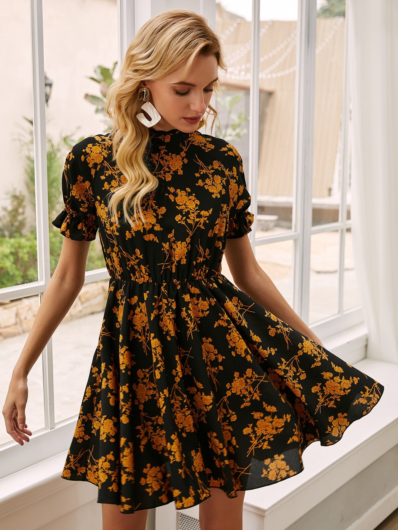 Floral Print Flounce Sleeve Chiffon Dress