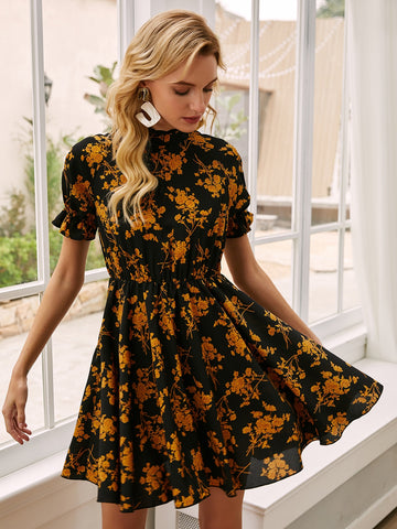 Floral Print Flounce Sleeve Chiffon Dress