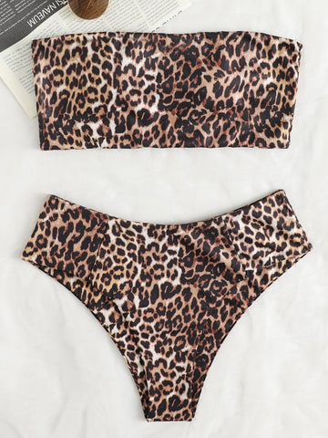 Summer Beach Leopard Print Bandeau Bikini Swimsuit