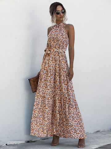 All Over Print Belted Halter Dress