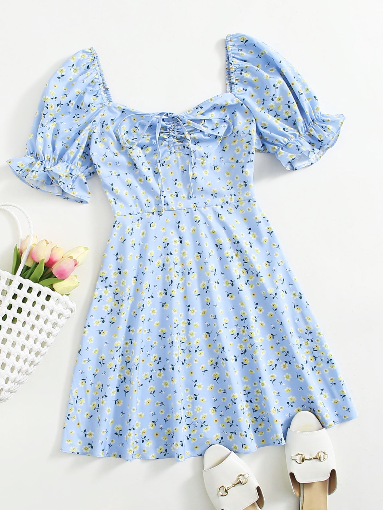 Puff Sleeve Ruched Front Ditsy Floral Dress