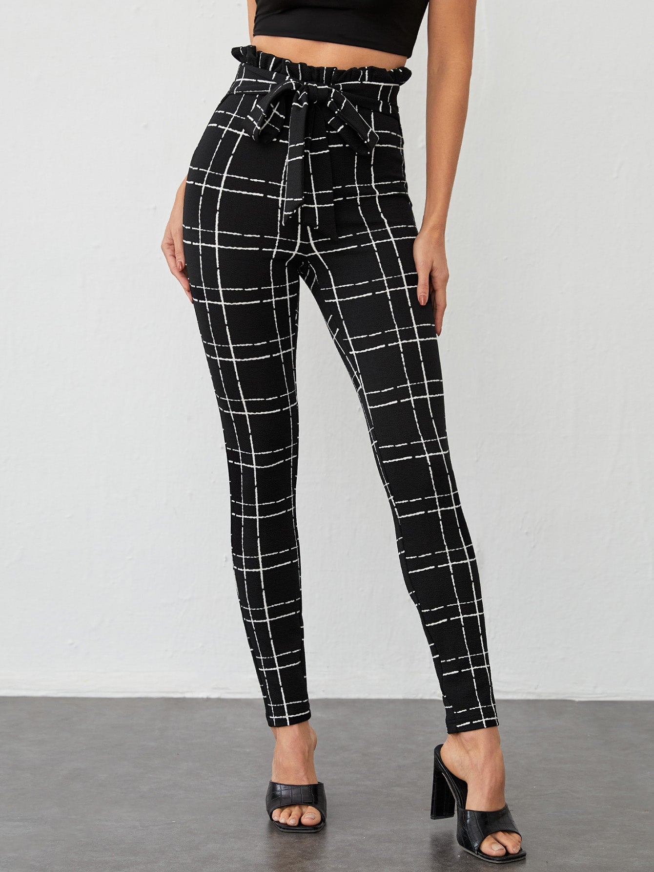 Paperbag Waist Belted Plaid Pants