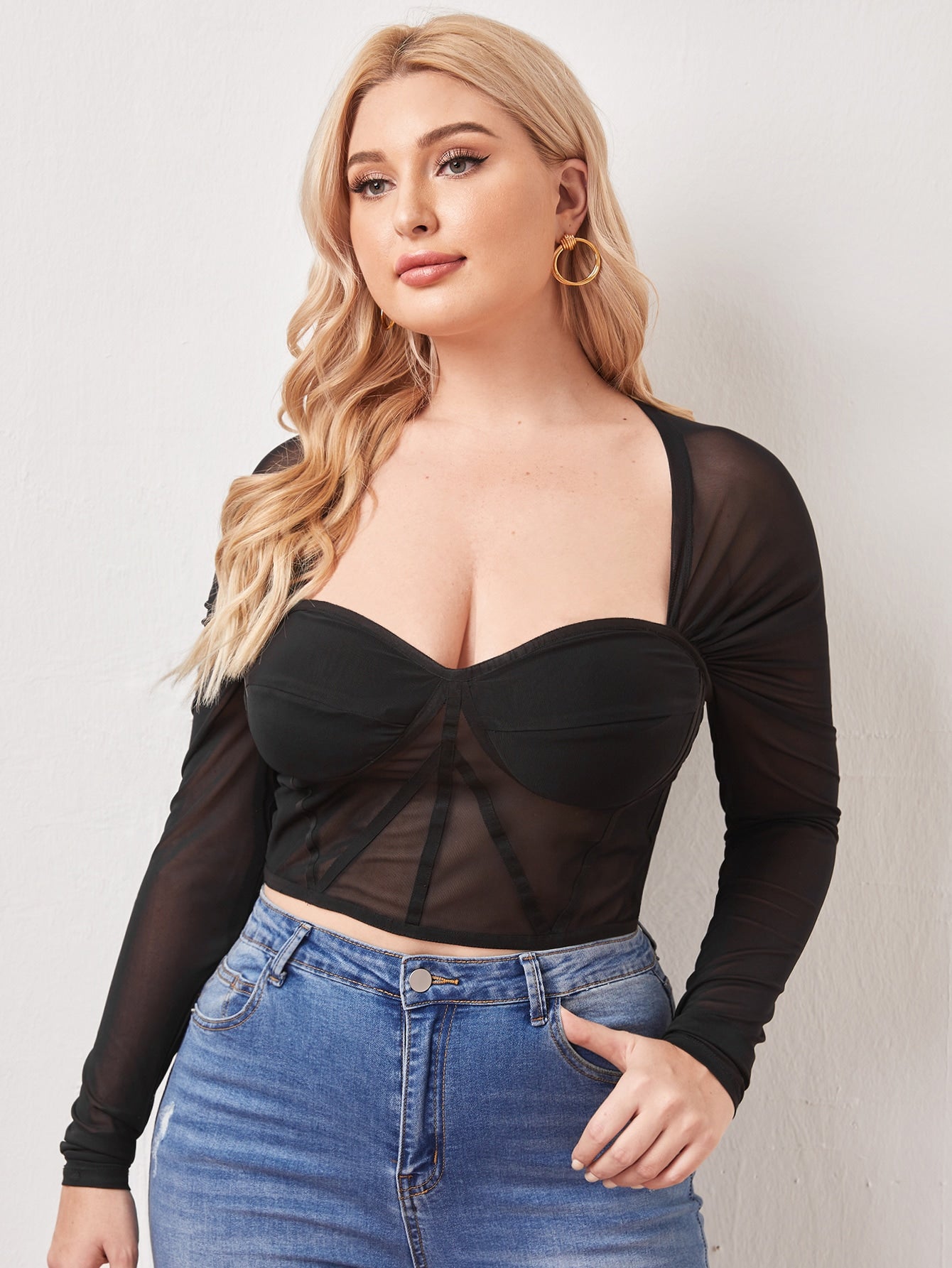 Plus Sweetheart Neck Mesh Top