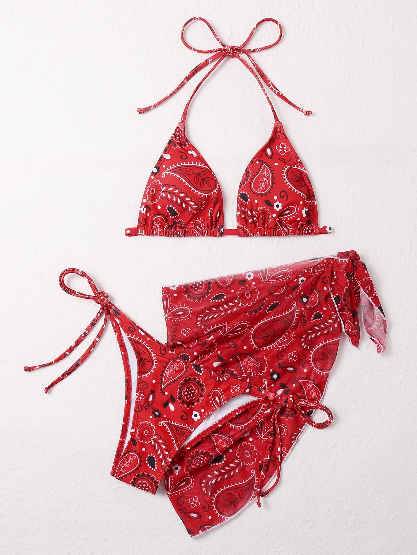 Summer Beach Paisley Print Bikini Set Halter Triangle Bra & Thong Bottom & Beach Skirt 3 Piece Western Bathing Suit