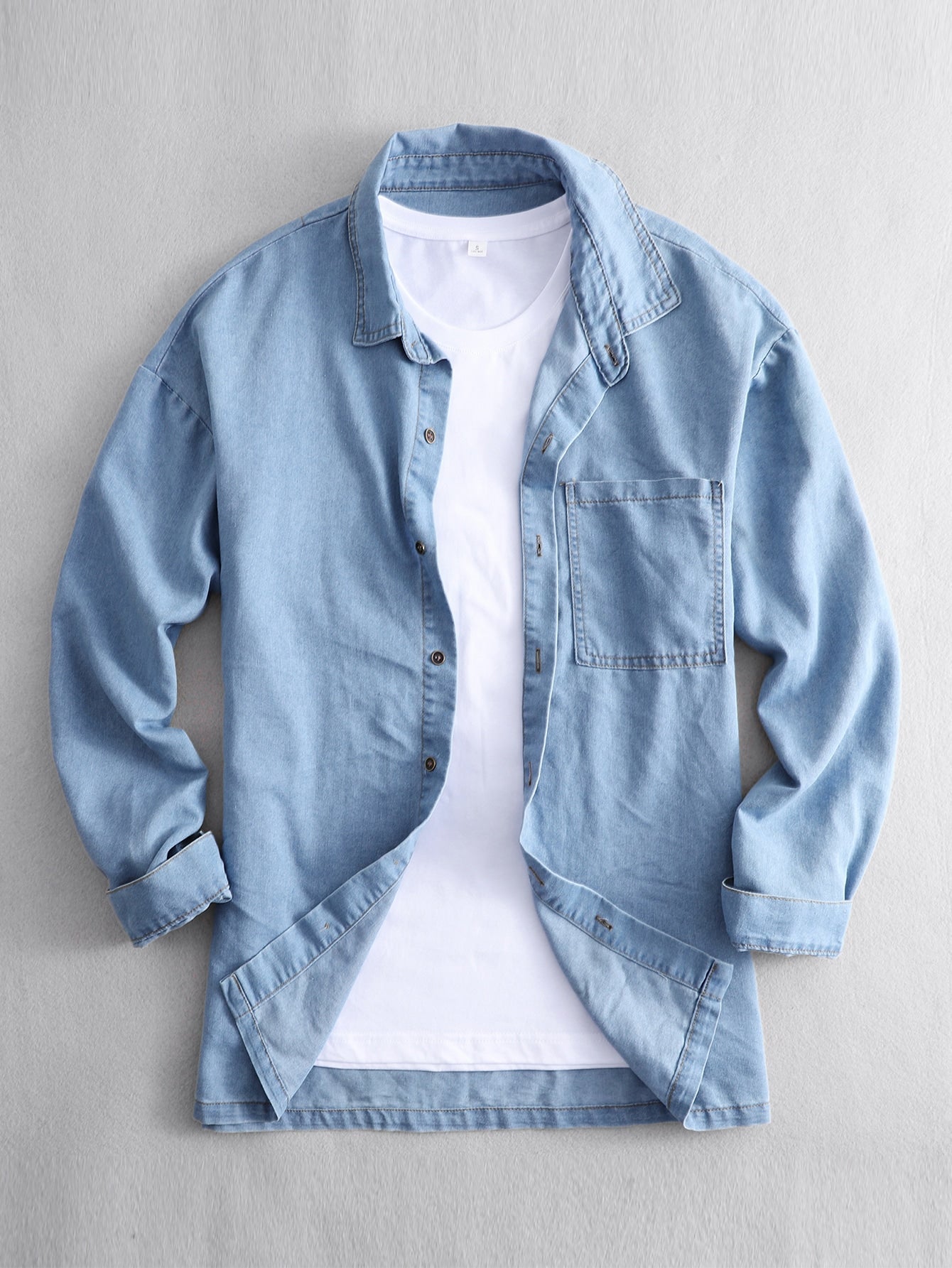 Men 1pc Pocket Patched Button Up Denim Shirt