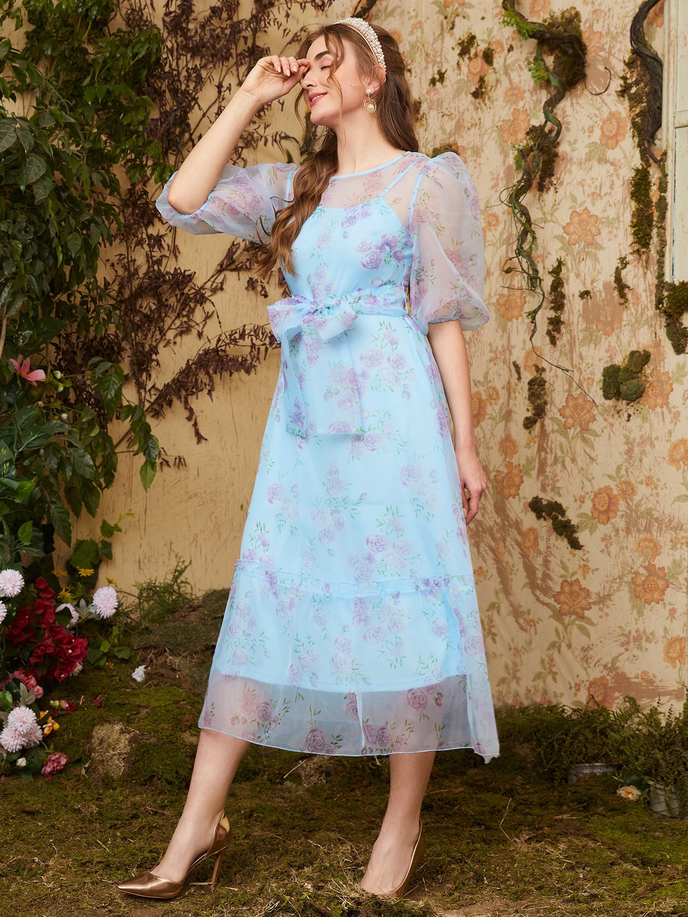 Puff Sleeve Self Belted Floral Organza Dress