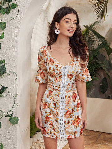 Floral Hook & Eye Front Dress