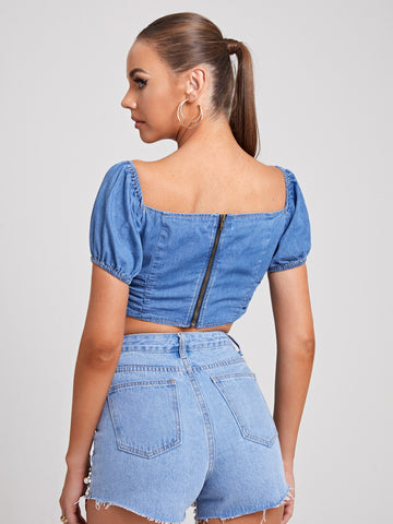 Sweetheart Neck Puff Sleeve Crop Denim Top