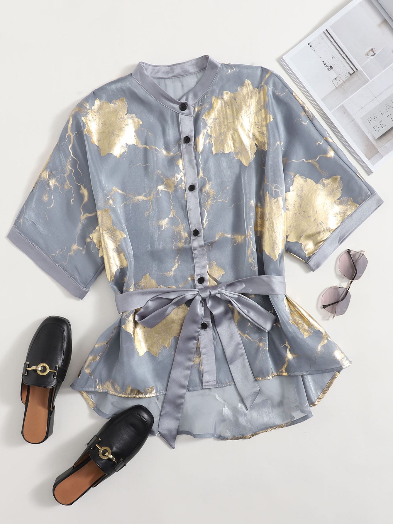 Glitter Organza Belted Blouse