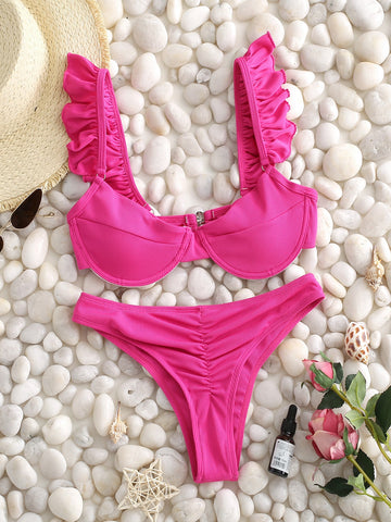 Summer Beach Ribbed Bikini Set Ruffle Underwire Bra & Ruched Cheeky Bottom 2 Piece Bathing Suit