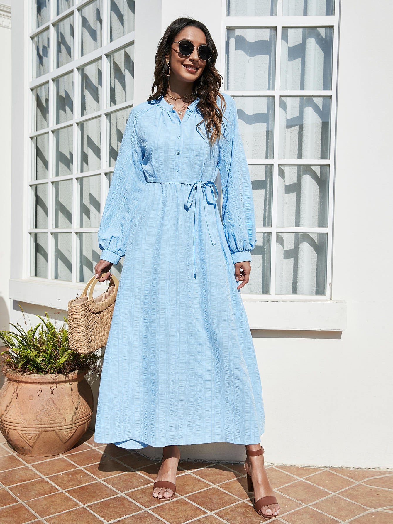 Half Button Bishop Sleeve Belted A-line Dress