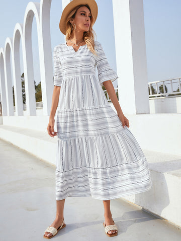 Striped Notch Neck Flounce Sleeve Dress