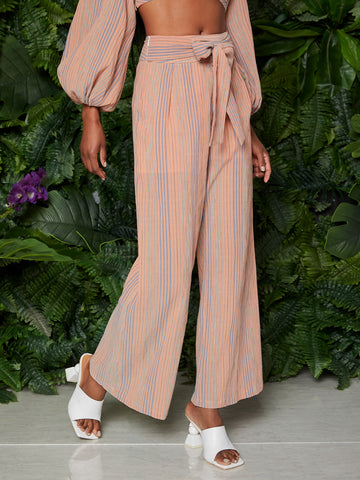 Tie Waist Striped Wide Leg Pants