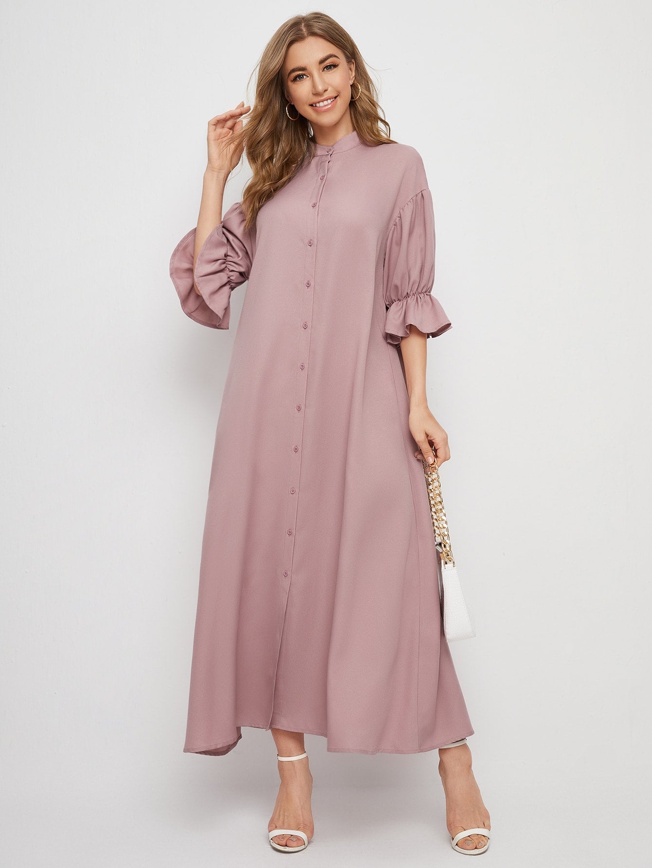 Drop Shoulder Ruffle Cuff Shirt Dress Modest Dress