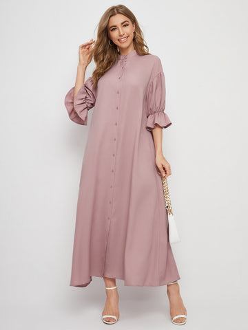 Drop Shoulder Ruffle Cuff Shirt Dress Modest Dress