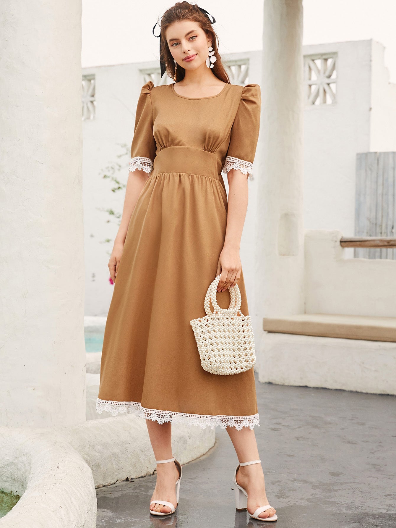 Floral Crochet Trim Puff Sleeve A-Line Long Dress