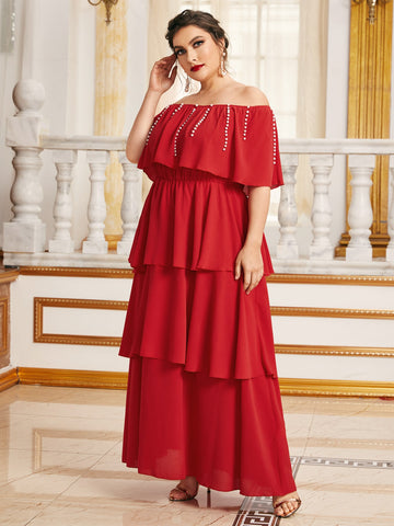 Plus Solid Pearls Beaded Off Shoulder Layered Ruffle Hem Dress