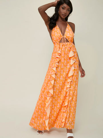 Abstract Ruffled Cutout Maxi Dress