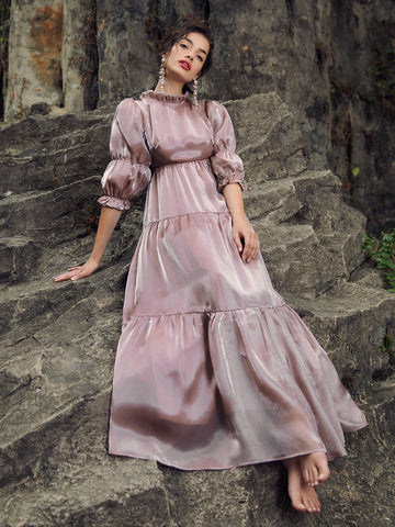 Gathered Sleeve Organza Dress