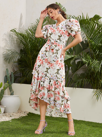 Puff Sleeve Ruffle Trim Asymmetrical Hem Floral Dress