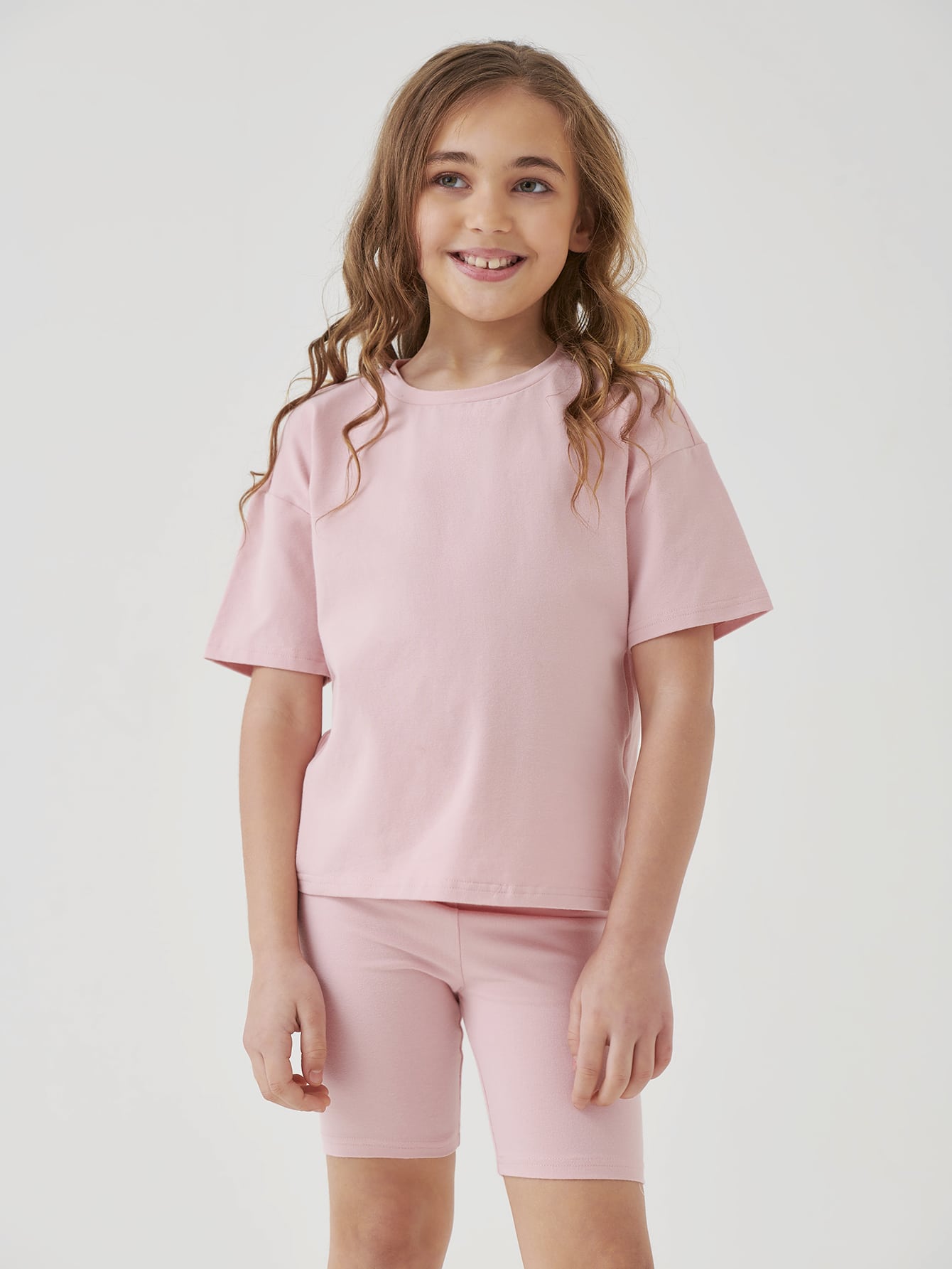 Tween Girl Cotton Solid Drop Shoulder Tee & Biker Shorts Set