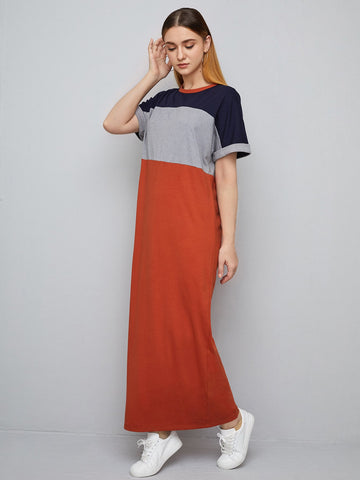 Cuffed Sleeve Colorblock Tee Dress