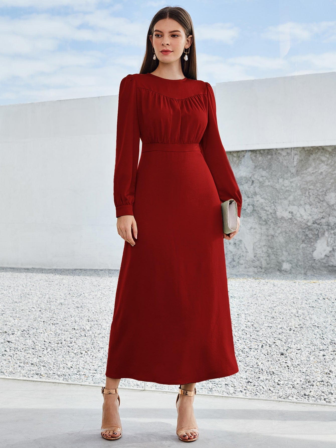 Puff Sleeve Ruched Solid A-line Dress