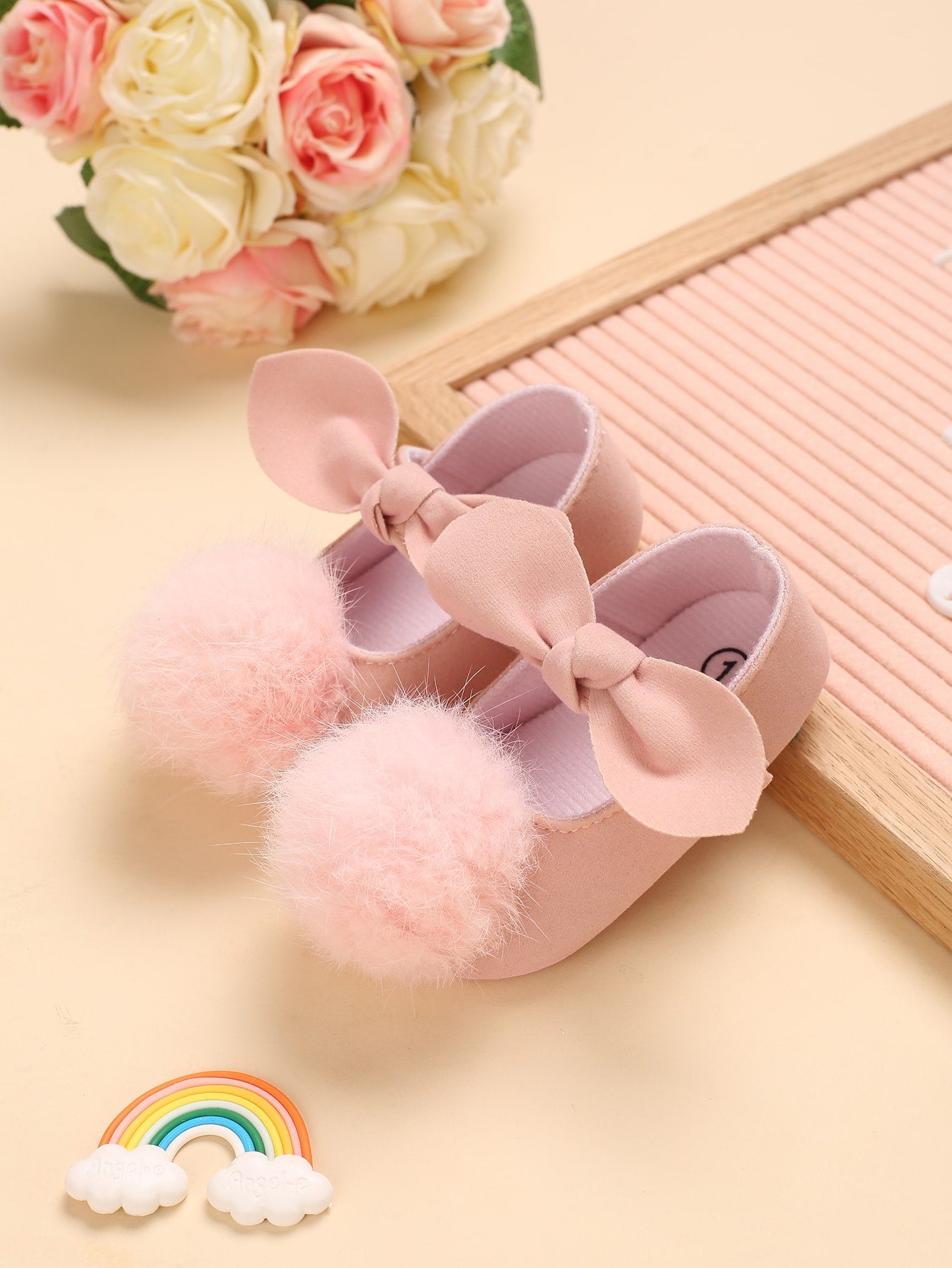 Baby Girl Pom Pom & Bow Decor Flats