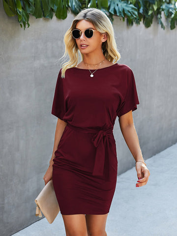 Solid Batwing Sleeve Belted Fitted Dress