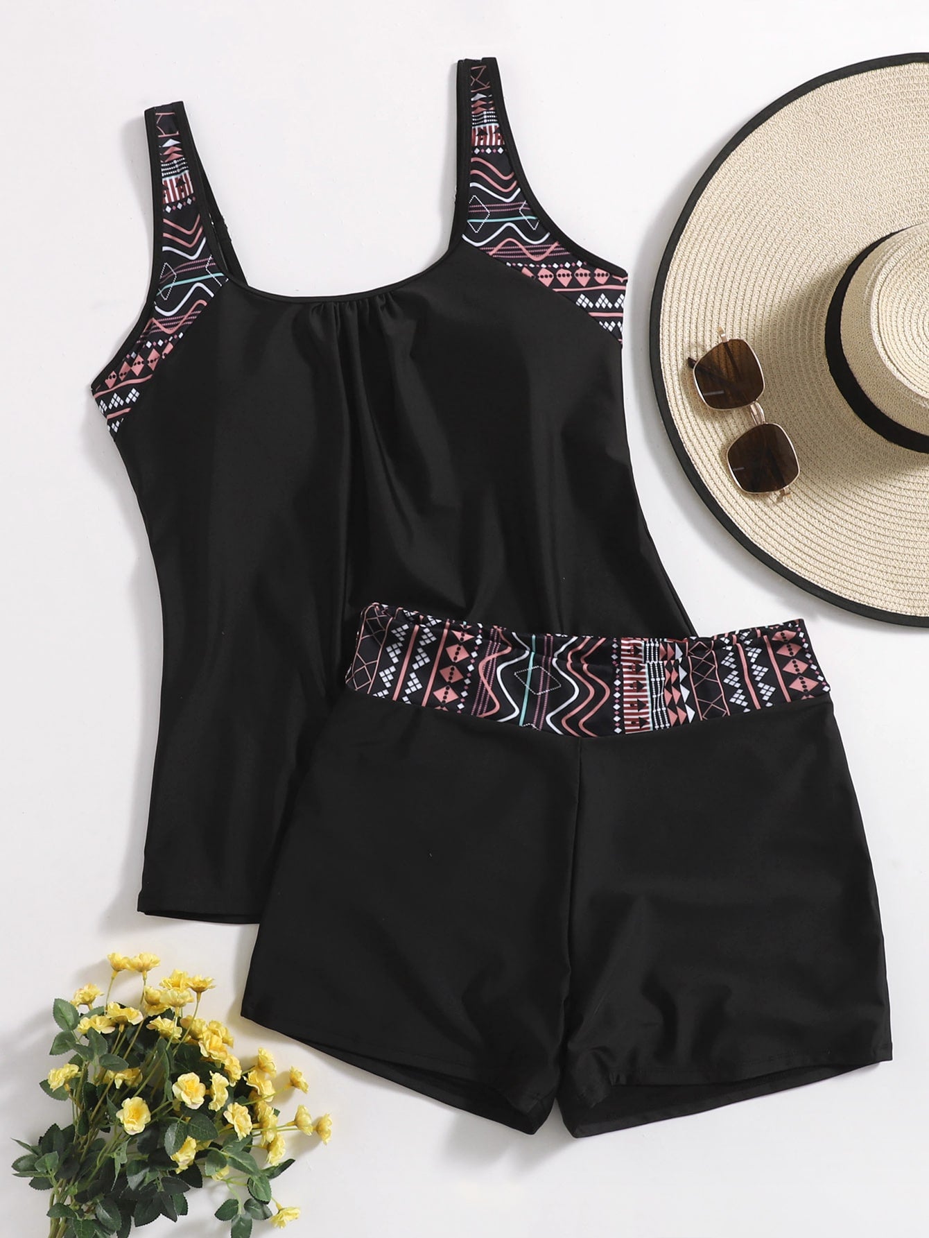 Summer Beach Plus Geometric Print Tankini Set Tank Top & Shorts 2 Piece Western Bathing Suit