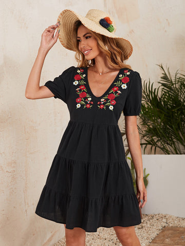 Flower Embroidery Flounce Hem Dress