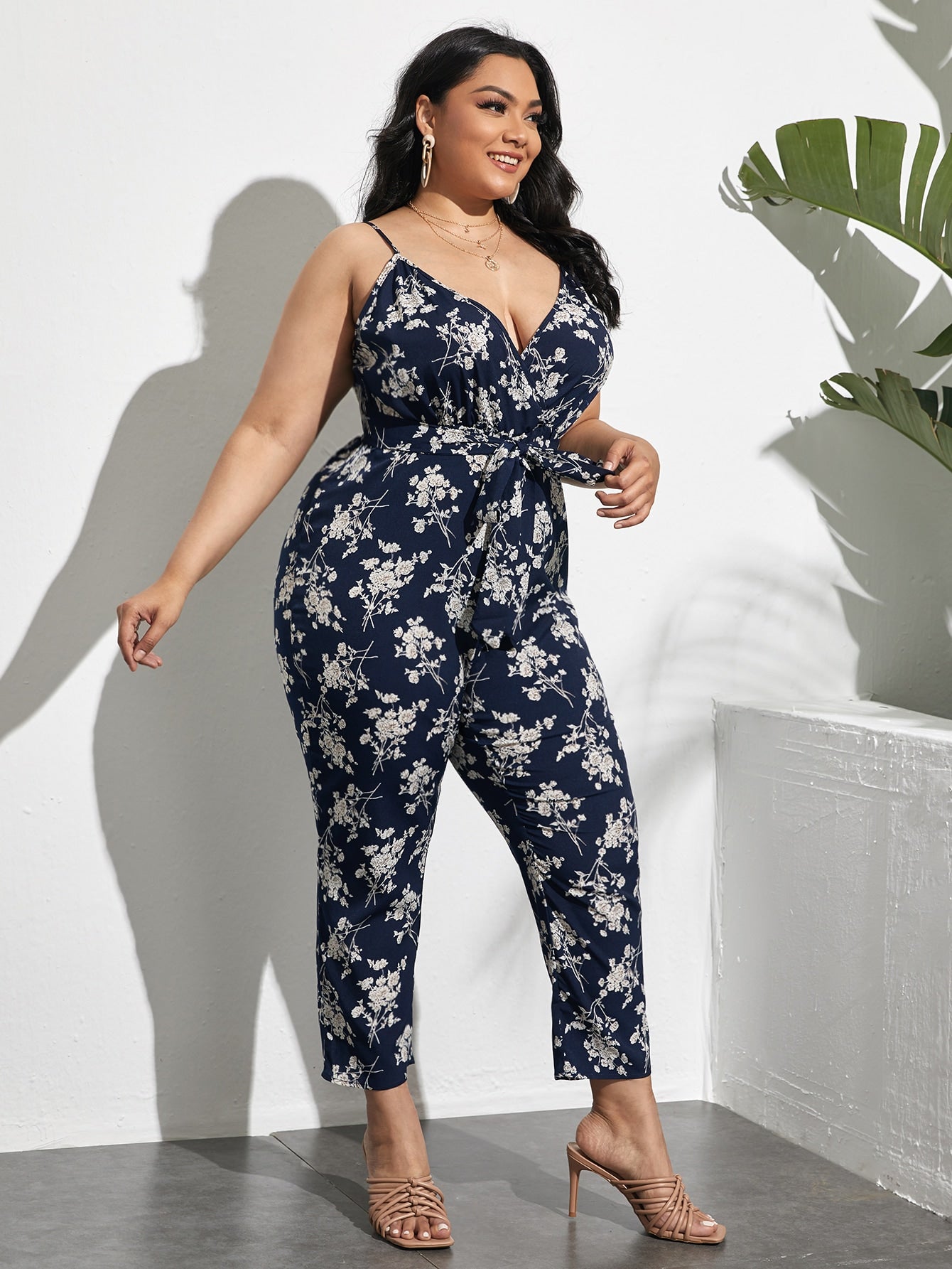 Plus Floral Print Surplice Belted Cami Jumpsuit