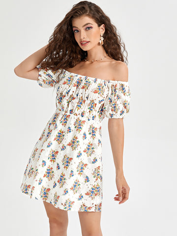 Off Shoulder Ditsy Floral Schiffy Dress