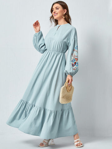 Floral Embroidery Bishop Sleeve Dress Without Belt