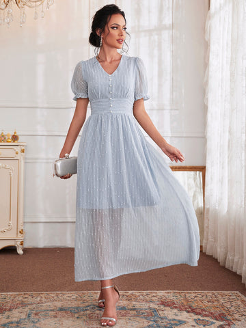 Pearls Puff Sleeve High Waist A-Line Dress