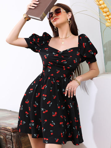 Allover Cherry Sweetheart Neck Dress