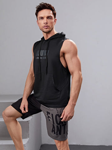 Men Kangaroo Pocket Drawstring Hooded Sports Tank Top