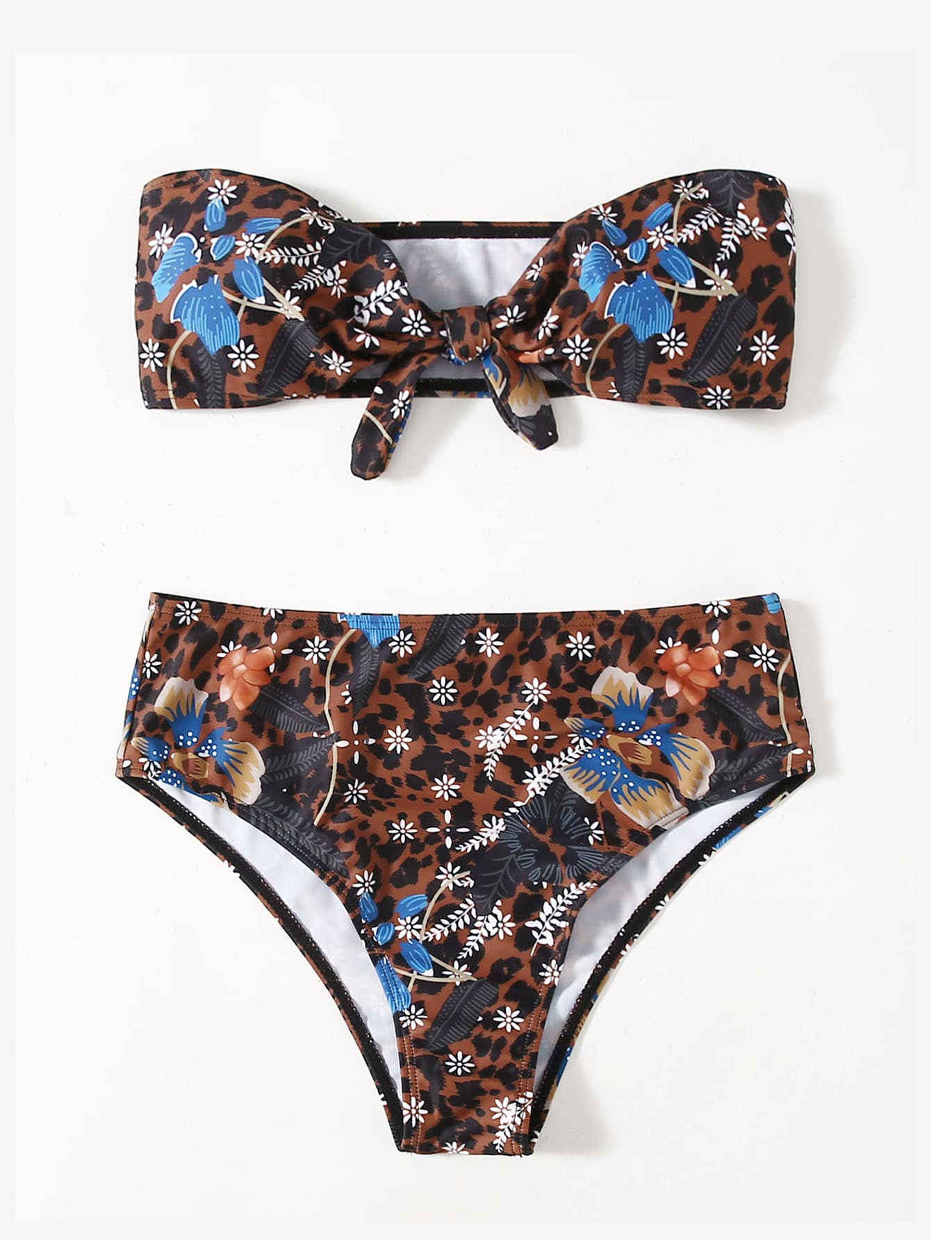 Leopard & Floral Knot Bandeau Bikini Set