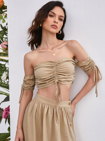 Off Shoulder Ruched Drawstring Knot Crop Top