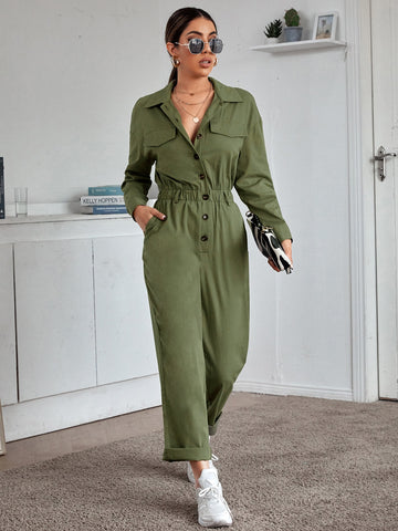 Button Front Flap Detail Jumpsuit