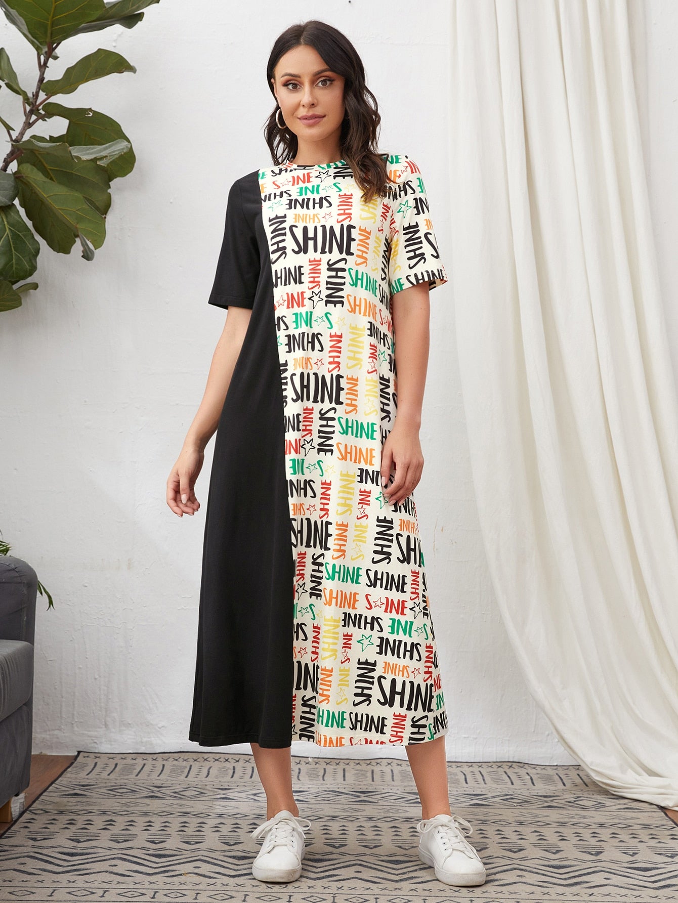 Round Neck Letter & Colorblock Graphic Tee Dress